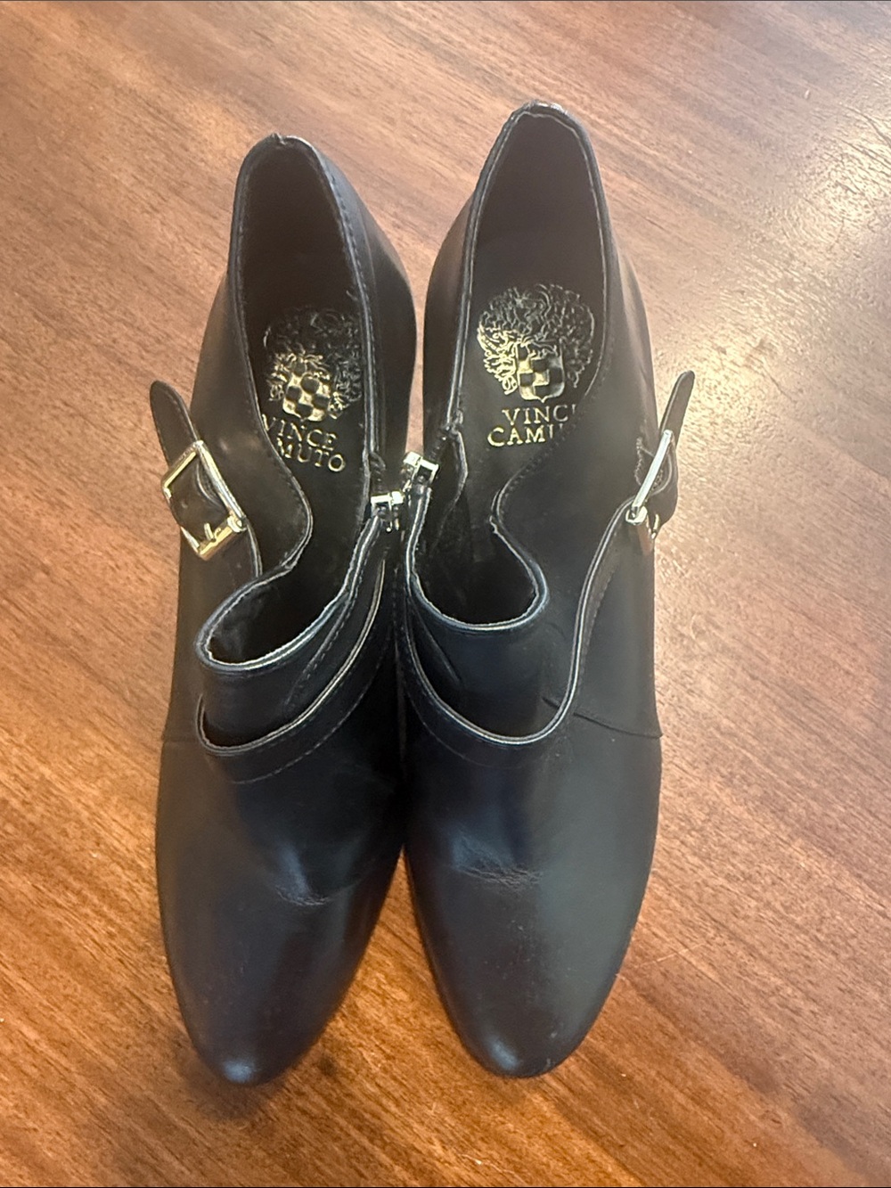 Vince Camuto Black Leather Buckle Heeled Ankle Boots